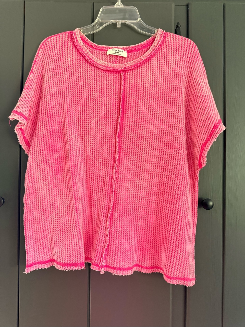 Zenana Outfitters Hot Pink Waffle Knit Short Sleeve Top